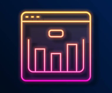 Parlak neon hattı Browser 'ın borsa büyüme grafikleri ve kara fon üzerinde izole edilmiş para simgesi var. Ekranda ok grafikleri olan bir monitör. Vektör.