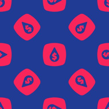 Dolar sembolü simgesi olan kırmızı yağ damlası mavi arka planda izole edilmiş. Petrol fiyatı. Petrol ve petrol endüstrisi. Vektör.