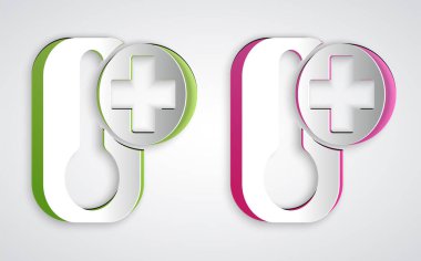 Kağıt kesiği Meteoroloji termometresi ısı ve soğuk ikonu gri arka planda izole ediyor. Termometre termometresi sıcak ya da soğuk hava gösteriyor. Kağıt sanatı tarzı. Vektör.