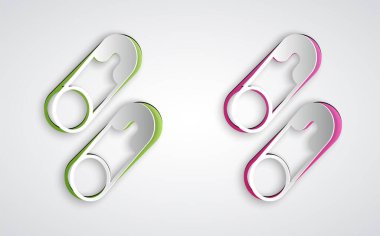 Kağıt kesiği, gri arka planda izole edilmiş klasik kapalı çelik güvenlik iğnesi simgesi. Kağıt sanatı tarzı. Vektör.