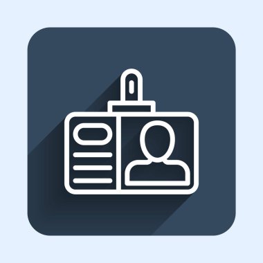 Beyaz çizgi tanımlama rozet simgesi uzun gölge arkaplan izole. Sunum için, şirketin kimliği için, reklam için kullanılabilir. Mavi kare düğme. Vektör.