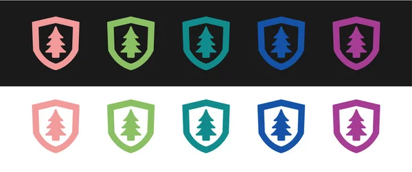 Установить Shield Деревом Значок Изолирован Черно Белом Фоне Экологичный Защитный — стоковый вектор