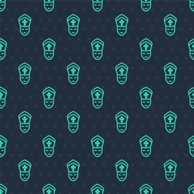 Yeşil çizgi Papa simgesi mavi arka planda kusursuz desen izole etti. Papa şapkası. Kutsal Babamız. Vektör.