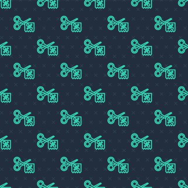 Yeşil çizgi makasları indirim kuponu simgesini keser mavi arkaplanda izole edilmiş dikişsiz desen. Online bir süpermarkette düşük fiyattan ya da yarı fiyatına satış yapma fikri. Vektör.