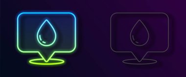 Siyah arkaplanda izole edilmiş konum simgesiyle parlayan neon hattı su damlası. Vektör.