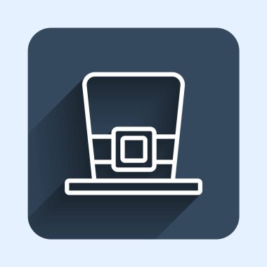 Beyaz çizgi leprikon şapka ikonu uzun gölge arkaplan izole. Aziz Patrick gününüz kutlu olsun. Ulusal İrlanda bayramı. Mavi kare düğme. Vektör.