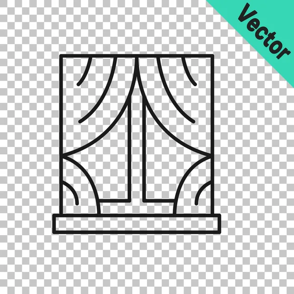 Black Line Window Curtains Room Icon Isolated Transparent Background Vector — Vetor de Stock