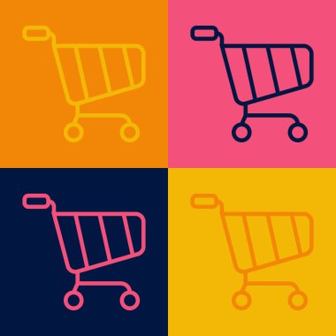 Pop sanat eseri alışveriş arabası simgesi renk arkaplanında izole edilmiş. İnternetten satın alma konsepti. Servis tabelası. Süpermarket sepeti sembolü. Vektör.