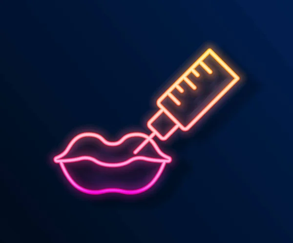 Glowing Neon Line Lip Augmentation Icon Isolated Black Background Hyaluronic — Stock Vector