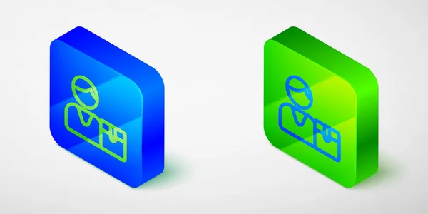 Isometric Line Buyer Icon Isolated Grey Background Blue Green Square — Archivo Imágenes Vectoriales