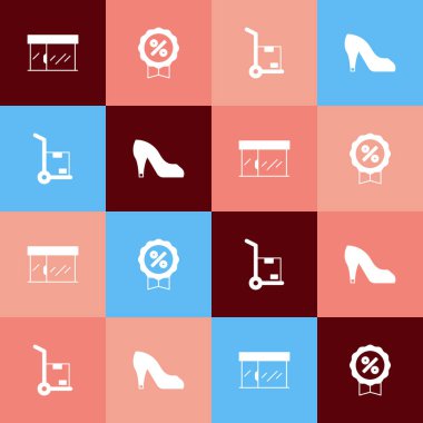 Pop sanat marketi indirimli el arabası, kutular ve kadın ayakkabı ikonu ayarla. Vektör.