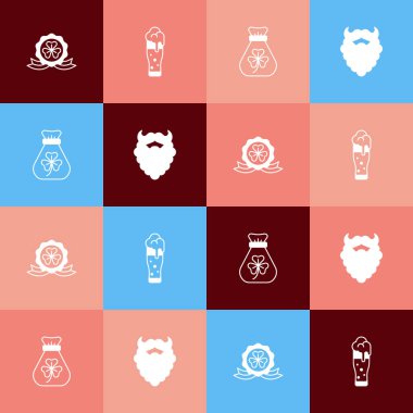 Pop sanat madalyasını bir bardak bira, para çantası, bıyık ve sakal ikonu ile ayarla. Vektör.