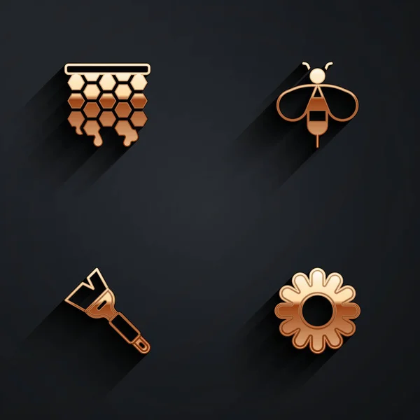 Set Honeycomb Imker Pinsel Und Blume Symbol Mit Langem Schatten — Stockvektor