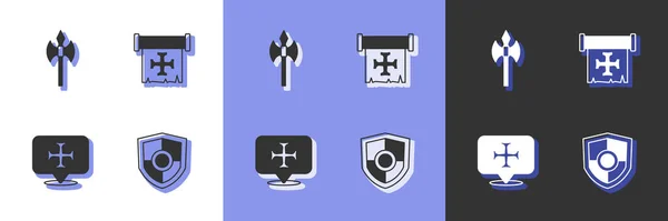 Set Shield Medieval Axe Crusade Icon Vector — Stok Vektör