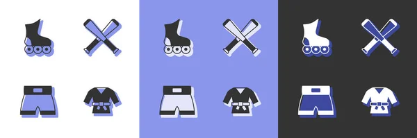 Set Kimono Roller Skate Boxing Short Crossed Baseball Bat Icon — Vector de stock