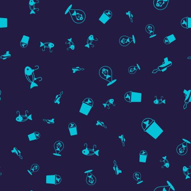 Balık yemi zıpkınını, balık avlama yerini ve kovayı kusursuz desenli olarak ayarlayın. Vektör.