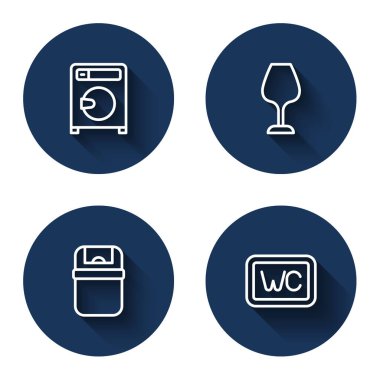 Çamaşır makinesi, cam çöp tenekesi ve uzun gölgeli tuvalet. Mavi daire düğmesi. Vektör.