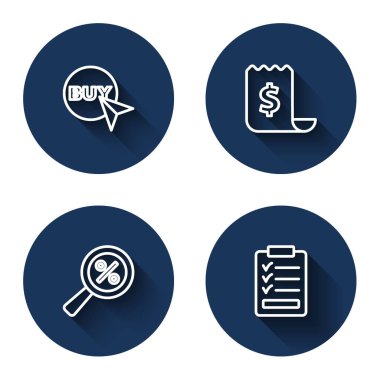 Satın al düğmesi kağıt kontrolü ve mali çek büyüteçle birlikte yüzde ve uzun gölgeli pano kontrol listesi ayarla. Mavi daire düğmesi. Vektör.