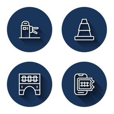 Tren için Turnstile Trafiği Köprüsü ve uzun gölgeli online bilet rezervasyonu hattı ayarlayın. Mavi daire düğmesi. Vektör.
