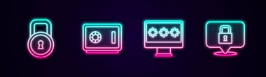 Satır Kilidi, Güvenli, Şifreli Monitör ve Parlayan neon ikonu. Vektör