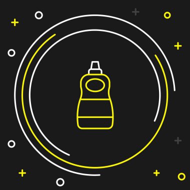 Bulaşık deterjanı simgesi siyah arka planda izole edilmiş. Bulaşık yıkamak için sıvı deterjan. Renkli taslak konsepti. Vektör