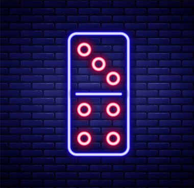 Parlayan neon hattı Domino simgesi tuğla duvar arkasında izole edildi. Renkli taslak konsepti. Vektör