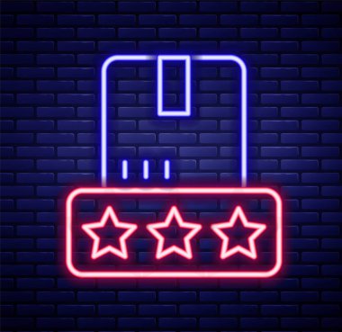 Parlayan neon hattı tüketicisi veya müşteri ürün derecelendirme simgesi tuğla duvar arka planında izole edildi. Renkli taslak konsepti. Vektör