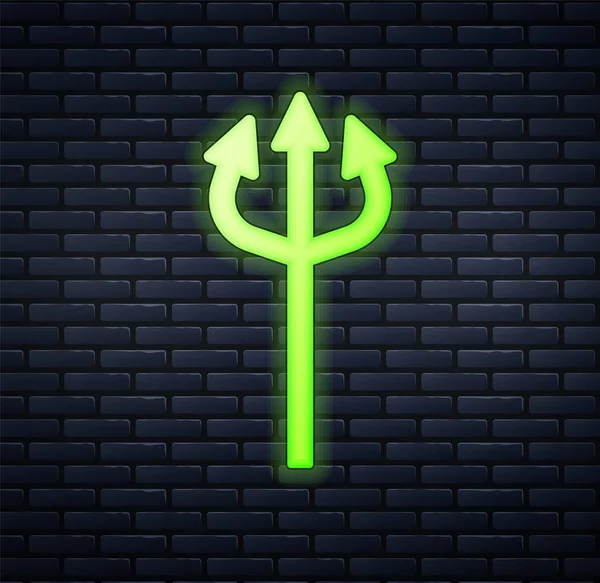 Glowing Neon Trident Devil Icon Isolated Brick Wall Background Happy — Stock Vector