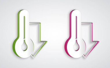 Kağıt kesiği Meteoroloji termometresi gri arkaplanda izole edilmiş ikon ölçümü. Termometre termometresi sıcak ya da soğuk hava gösteriyor. Kağıt sanatı tarzı. Vektör