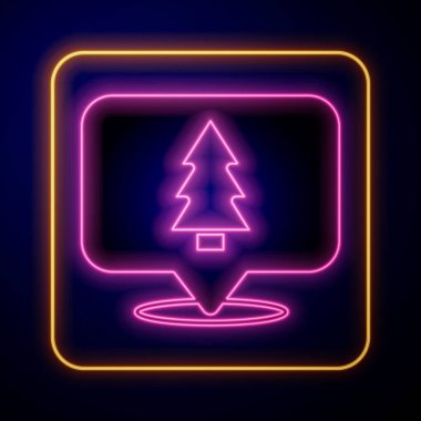 Siyah arka planda parlayan neon renkli Noel ağacı simgesi. Mutlu Noeller ve mutlu yıllar. Vektör