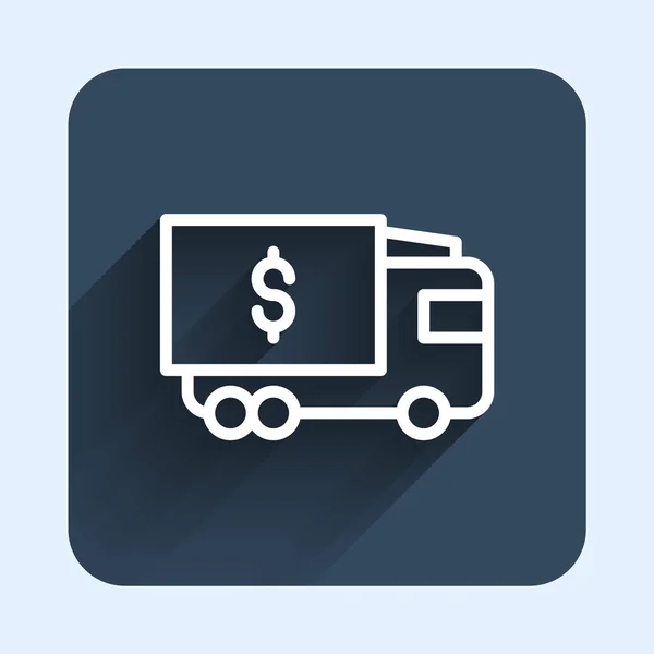 White Line Armored Truck Icon Isolated Long Shadow Background Blue — Stock vektor