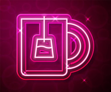 Kırmızı arkaplanda parlayan neon çizgili çay ikonu. Vektör.