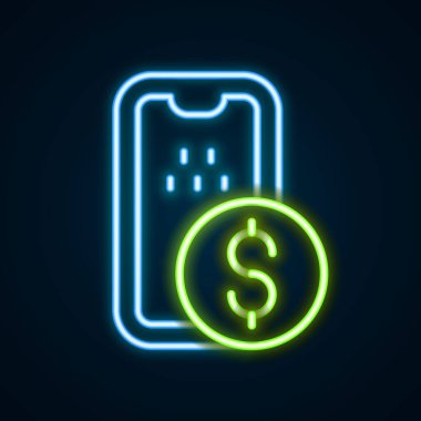 Parlayan neon hattı Mobil bankacılık simgesi siyah arkaplanda izole edildi. Cep telefonu ekranına cep telefonu bankacılığı yoluyla para aktar. Renkli taslak konsepti. Vektör.
