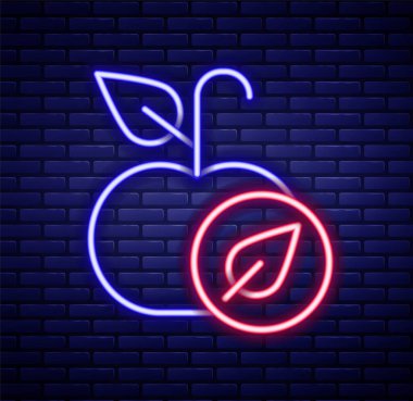 Parlayan neon hattı Apple simgesi tuğla duvar arka planında izole edildi. Fazla kilolu. Sağlıklı diyet menüsü. Fitness diyeti elması. Renkli taslak konsepti. Vektör.