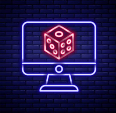 Parlayan neon çizgisi oyun zar simgesi tuğla duvar arka planında izole edildi. Kumarhane kumarı. Renkli taslak konsepti. Vektör.