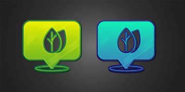 Siyah zemin üzerinde yaprak olan yeşil ve mavi konum rozeti. İşaret bırakıyor. Taze doğal ürün sembolü. Vektör.