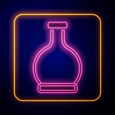 Siyah zemin üzerinde iksir ikonu olan parlak neon şişe. Sihirli iksirli matara. Mutlu Cadılar Bayramı Partisi. Vektör.