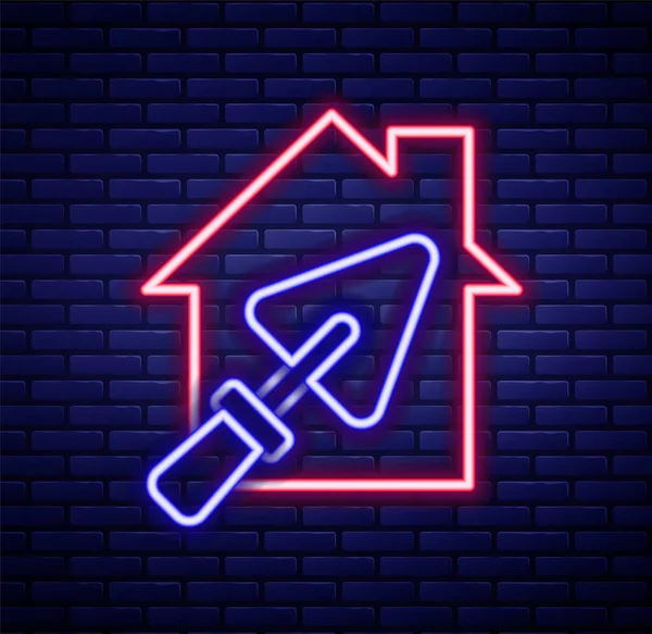 Glowing Neon Line House Home Trowel Icon Isolated Brick Wall — Stock Vector