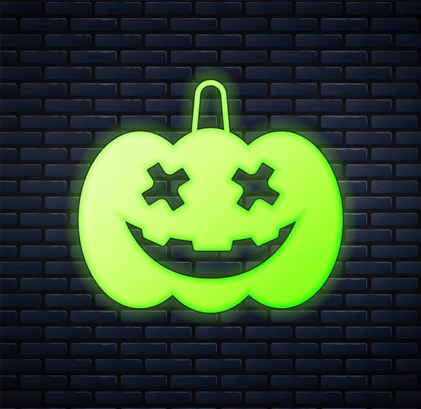 Świecący Neon Ikona Dyni Izolowane Tle Cegły Ściany Wesołego Halloween — Wektor stockowy