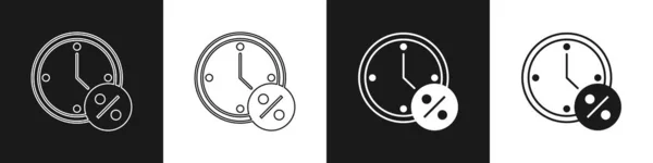 Set Clock Percent Discount Icon Isolated Black White Background Vector — Vector de stock