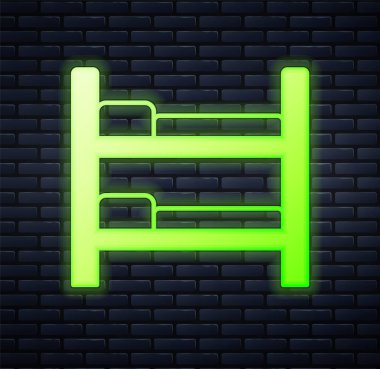 Parlayan neon yatak ikonu tuğla duvar arkasında izole edilmiş. Vektör.