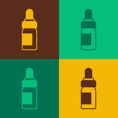 Popüler sanat esaslı yağ şişesi simgesi renk arkaplanında izole edilmiş. Organik aromaterapi özü. Cilt bakımı serumu cam bırakma paketi. Vektör.