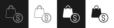Set Shopping bag and dollar icon isolated on black and white background. Handbag sign. Woman bag icon. Female handbag sign. Vector.