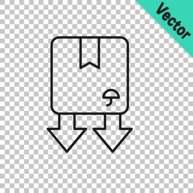 Şeffaf arkaplanda izole edilmiş trafik sembolü simgesi olan siyah çizgi karton kutu. Kutu, paket, paket işareti. Teslimat, ulaşım ve nakliye. Vektör.