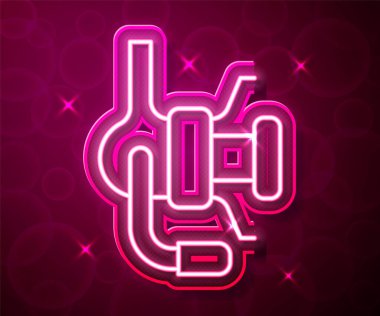 Kırmızı arkaplanda izole edilmiş balık ikonu için parlayan neon halat makarası. Balık bobini. Balık oltası. Vektör.