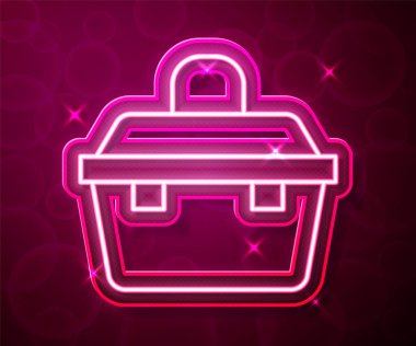 Kırmızı arka planda parlayan neon hattı kabı ya da sallanan kutu kutusu ve dişli balıkçılık ekipmanları ikonu izole edildi. Balık oltası. Vektör.