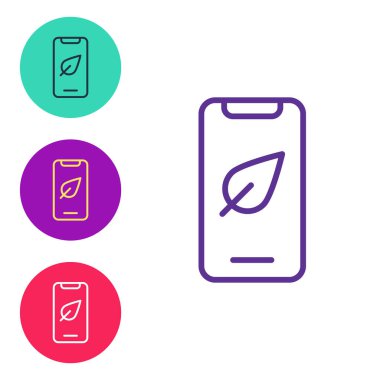 Akıllı telefon hattı, beyaz arkaplanda yaprak simgesi olan cep telefonu. Simgeleri renklendirin. Vektör.