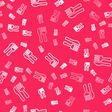 Kırmızı arka planda beyaz çizgili çatal ve bıçak ikonu izole edilmiş. Çatal bıçak sembolü. Vektör.