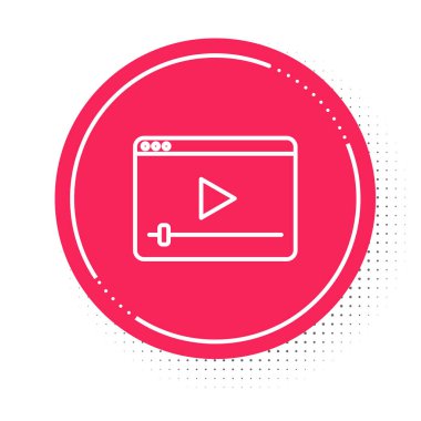 Beyaz çizgi Online video simgesi beyaz arkaplanda izole edildi. Oyun işaretli film şeridi. Kırmızı daire düğmesi. Vektör.
