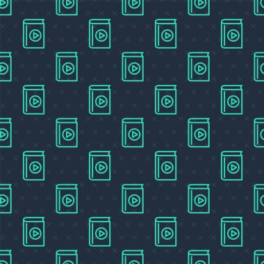 Yeşil çizgi ses kitabı simgesi mavi arkaplanda kusursuz desen izole etti. Oynat ve kaydet. Ses rehberi işareti. Çevrimiçi öğrenme kavramı. Vektör.